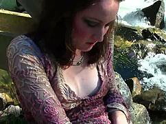 sweet slender brunette fingers pussy vibrates to orgasm outdoors in nature!