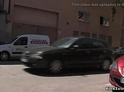 Bound blonde slut in latex endures bizarre outdoor bondage domination fuck.