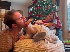 Santa fixates on the milf housewife goddess barefoot toes for Christmas licking and sucking fetish with her friend girlfriend