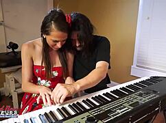 this brunette coed cloe bends over deepthroats then takes a deep fuck cumshot