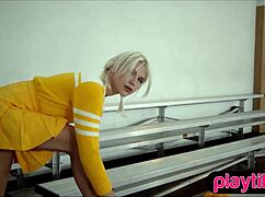 check out this petite blonde milf cheerleader bombshell slowly stripping her clothes to flash that huge juicy ass