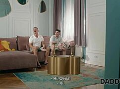 blonde slut girlfriend cheats with daddy on sofa getting fucked senseless by old cock