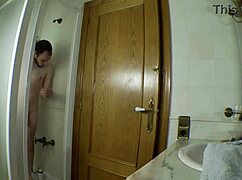 pretty latina brunette in shower gags on monster cock deepthroat before cum facial