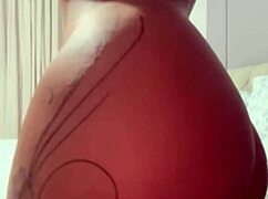 Fishnet trans solo teases shaved pussy up close