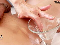 i give him the best oiled handjob in lingerie until he explodes on my small tits