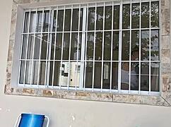 she slips into tight clothes to clean house but ends up swallowing big cock cum with her natural tits out