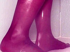 Nylon feet tease wet in steamy shower play