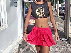 Hairy pussy and legs upskirt flashing on the street