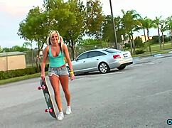 blonde skater babe strips then bends for hardcore pounding