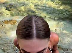 a stranger on beach gets best pov blowjob ending cum on face and tits