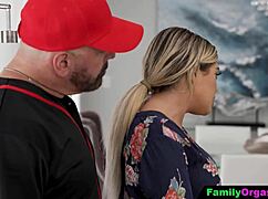 dad blackmails cute pigtail teen stepdaughter for deepthroat blowjob on game day