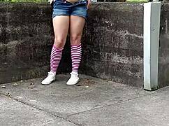 risky public piss fantasy at the plant for this dirty whore in shorts