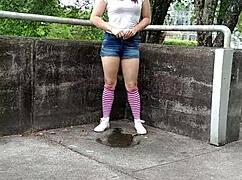 risky public piss fantasy at the plant for this dirty whore in shorts