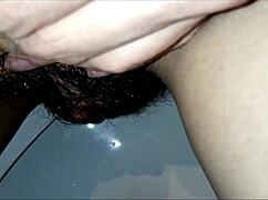 Hubby as woman pees with huge clit latina wife monster cock pov bathroom fetish