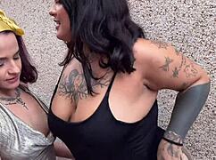 Hey babe want to see her grab that big tits hottie right on the street for wild fun?