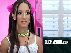 Petite tanlined teen Freya von Doom submits to fucking machine with Juan Largo