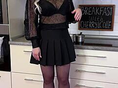 Curvy mature cherrylcolle serves breakfast in sexy lingerie heels and stockings