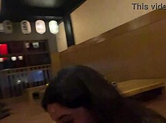 brunette teen kneels in sushi bar for public blowjob cum facial then eats rolls covered in cumwalk style