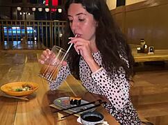 brunette teen kneels in sushi bar for public blowjob cum facial then eats rolls covered in cumwalk style