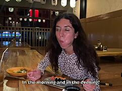 brunette teen kneels in sushi bar for public blowjob cum facial then eats rolls covered in cumwalk style