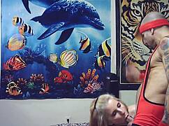 Pornstar gives hot blowjob after full nelson wrestling hold challenge in man vs woman shoot