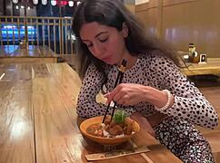 brunette teen kneels in sushi bar for public blowjob cum facial then eats rolls covered in cumwalk style