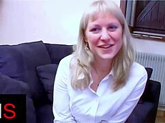 Blonde milf's light eyes sparkle as ass gets fucked and belly creamed