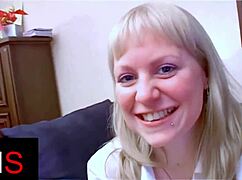 Blonde milf's light eyes sparkle as ass gets fucked and belly creamed