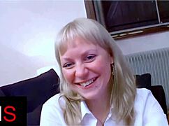 Blonde milf's light eyes sparkle as ass gets fucked and belly creamed