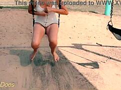 Wife Flashes Shaved Pussy on Swing with No Panties