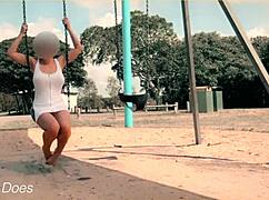 Wife Flashes Shaved Pussy on Swing with No Panties