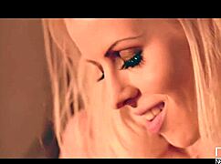 blonde hottie in heels and shorts strips shaved pussy ready for action