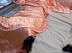 french amateur bends doggystyle in satin lingerie for rimjob blowjob fuck.