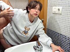 Stepdad fucks me in bathroom while friends party new year in living room fun with older fat guy