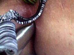 sniffing and stroking with her naughty thong in the kitchen