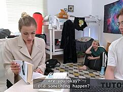 Slutty tutor takes two hard cocks!