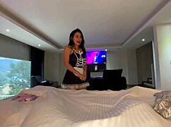 The maid sneaks into boss's office for wild fuck then yanks off condom for creampie