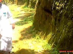 Indian college girlfriend rides big black cock outdoors with lover in bushes