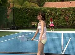 hey these wet lesbians interrupt tennis for pussy licking and hot tribbing!