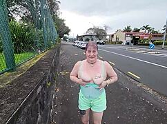 Trashy kiwi milf slut flashes pierced pussy outdoors mall street.