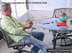 blondie strokes her step-dad's huge cock till he bursts