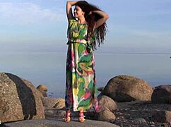 norma a spreads shaved pussy for beachside solo fingering fun