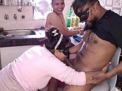 hot kajal and promila suck stepbro's cock then hardcore fuck in kitchen cunilingus