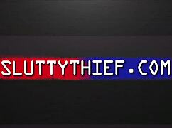 Petrified petite Asian shoplifter begs cop in garage submission