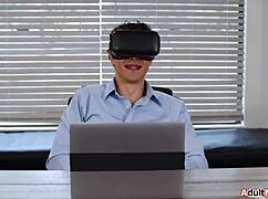 caught him jerking monster cock under desk now she rides it hard