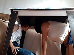 I hide under desk from stepparents fingering my wet pussy to lesbian orgasm