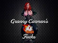 Granny Carmen Angels writhes in missionary fuck with dildo orgasms and cum on fat tits