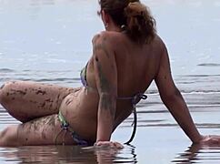 real cuckold hubby blasts huge load on my beach wife while she flashes and fingers her pussy
