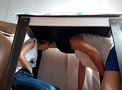 I hide under desk from stepparents fingering my wet pussy to lesbian orgasm