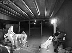 guy bends babe over public back porch railing for hardcore pussy creampie pounding